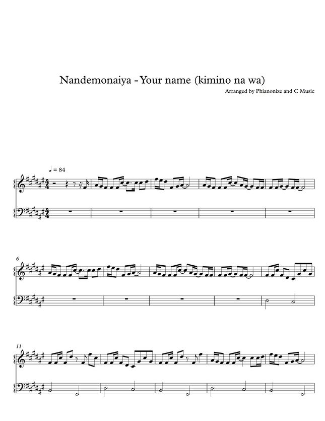 RADWIMPS - Nandemonaiya (Your Name 君の名は) by PHianonize and C Music Sheet