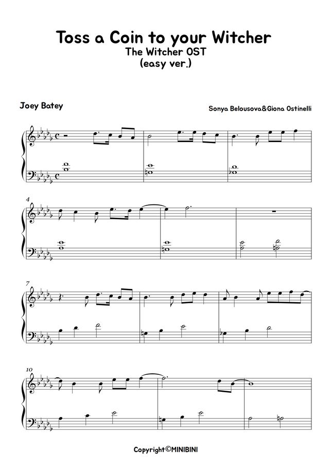The Witcher OST Toss a Coin to Your Witcher (Easy Version) by MINIBINI Sheet Music