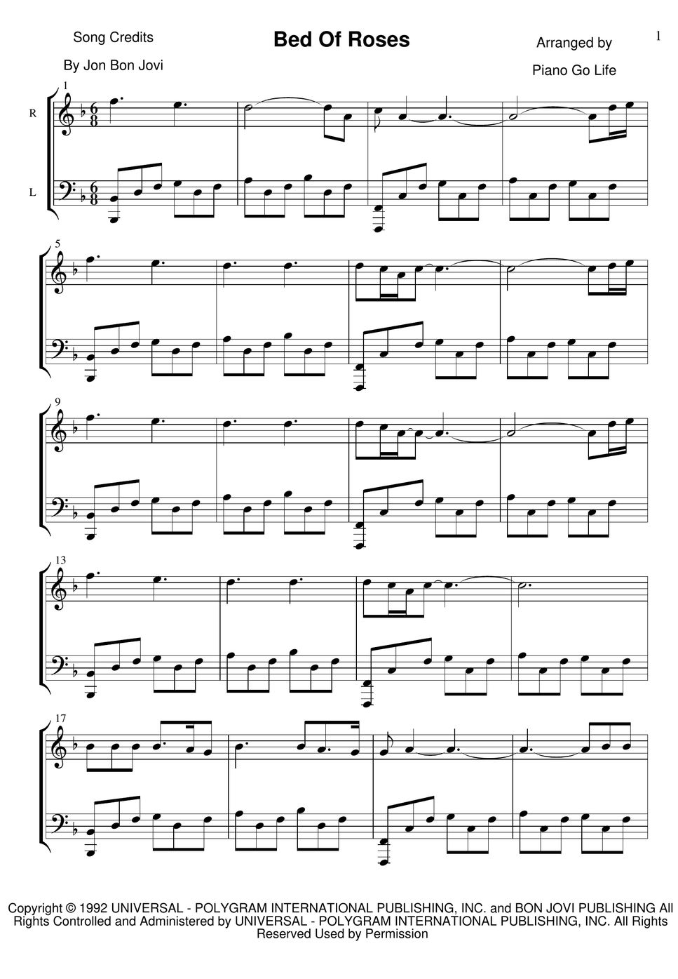 Bon Jovi Bed Of Roses Лист by Piano Go Life