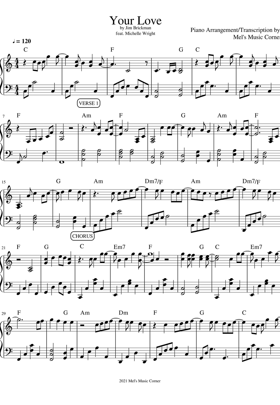 Jim Brickman feat. Michelle Wright Your Love (piano sheet music) by Mel's Music Corner Notenblatt