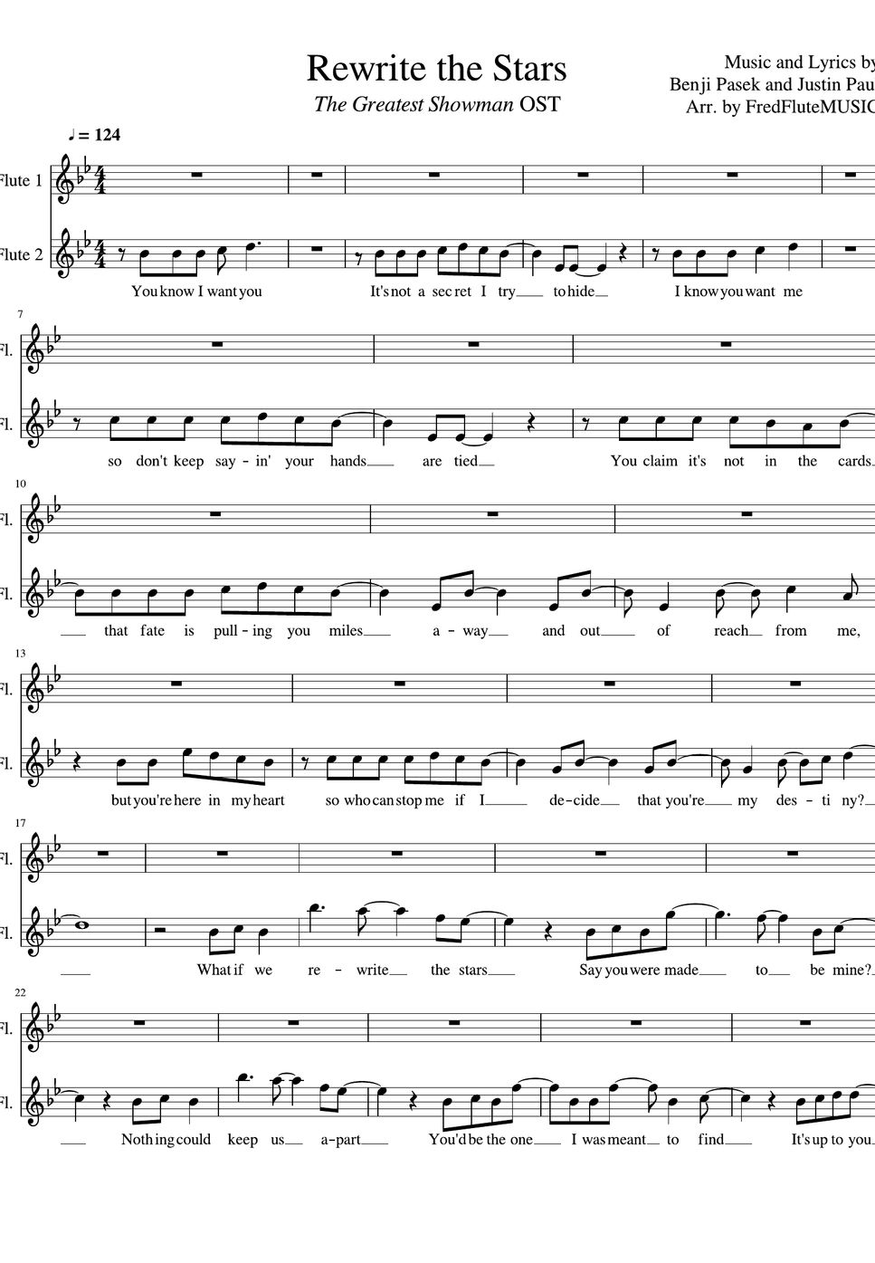 Rewrite The Stars The Greatest Showman OST FLUTE DUET نوتة
