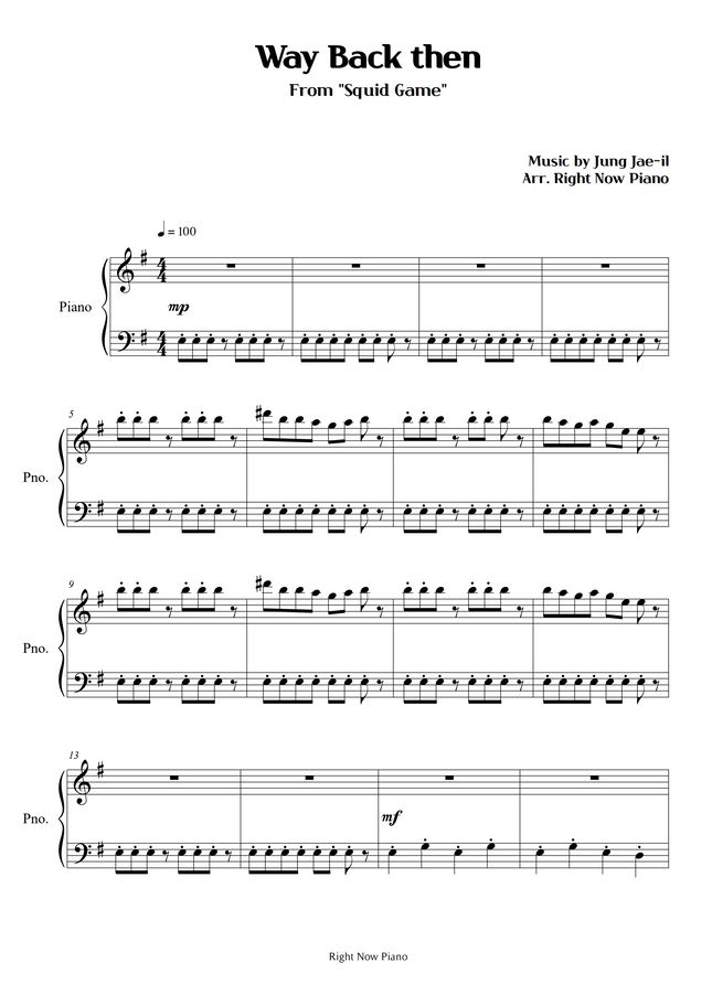 Squid Game Way Back then (Easy Piano) Sheet Music