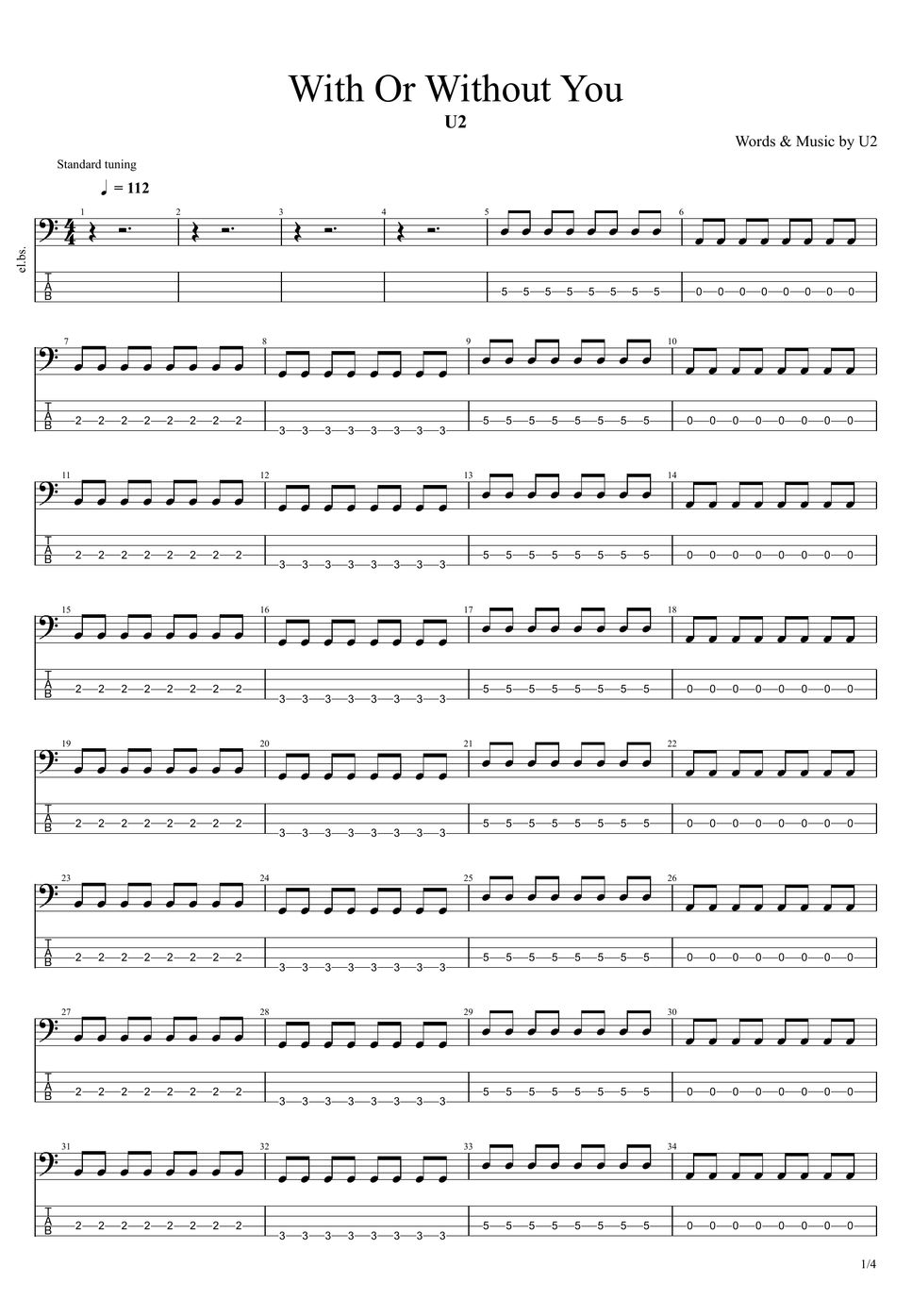 With Or Without You Tab