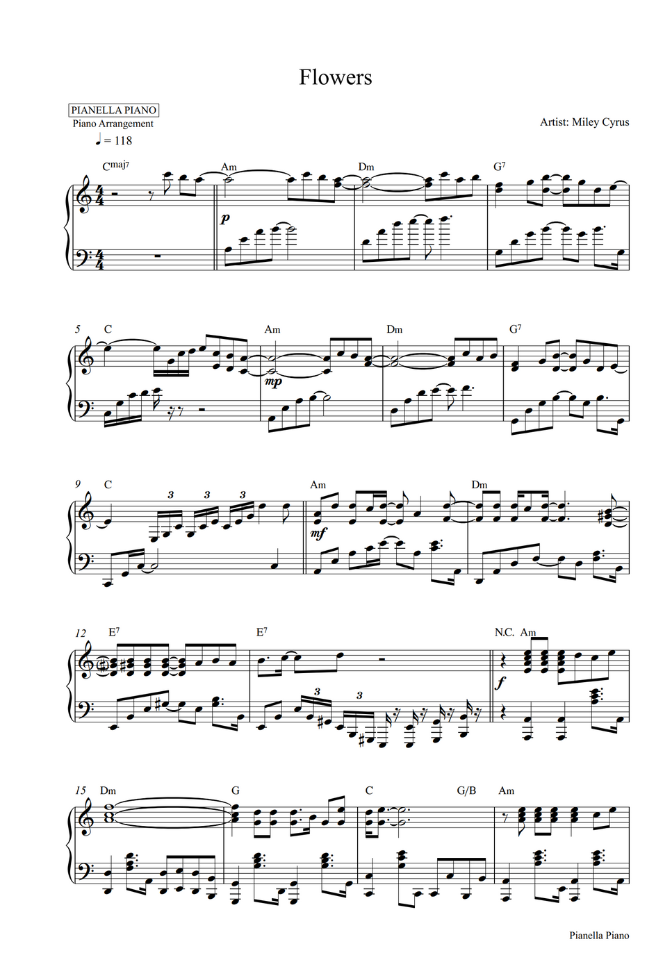 Miley Cyrus Flowers (Piano Sheet) Spartito by Pianella Piano