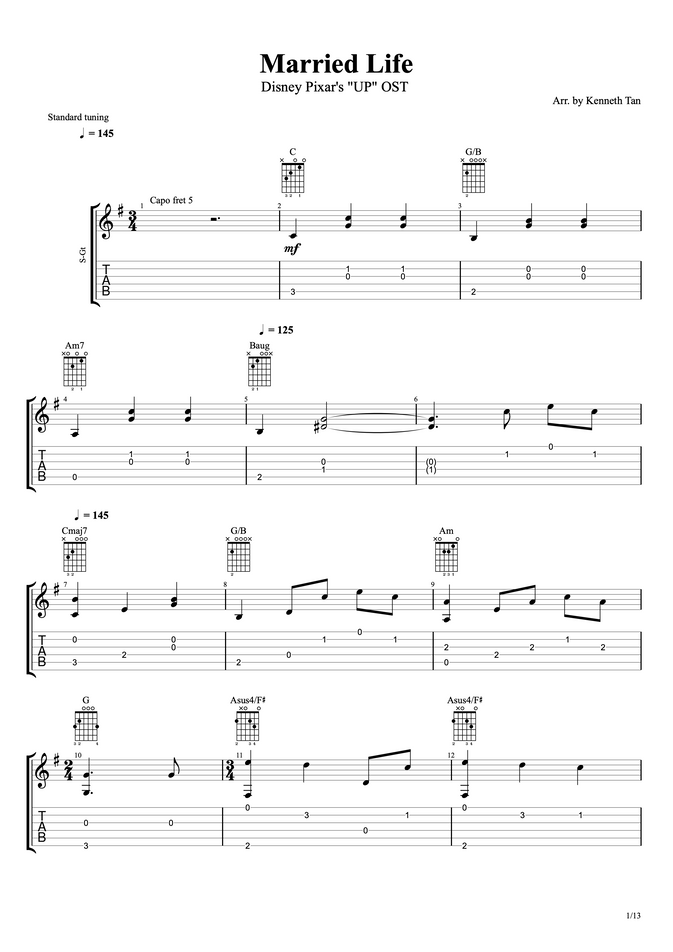 Disney Pixar S Up Ost Married Life Fingerstyle Guitar Sheet