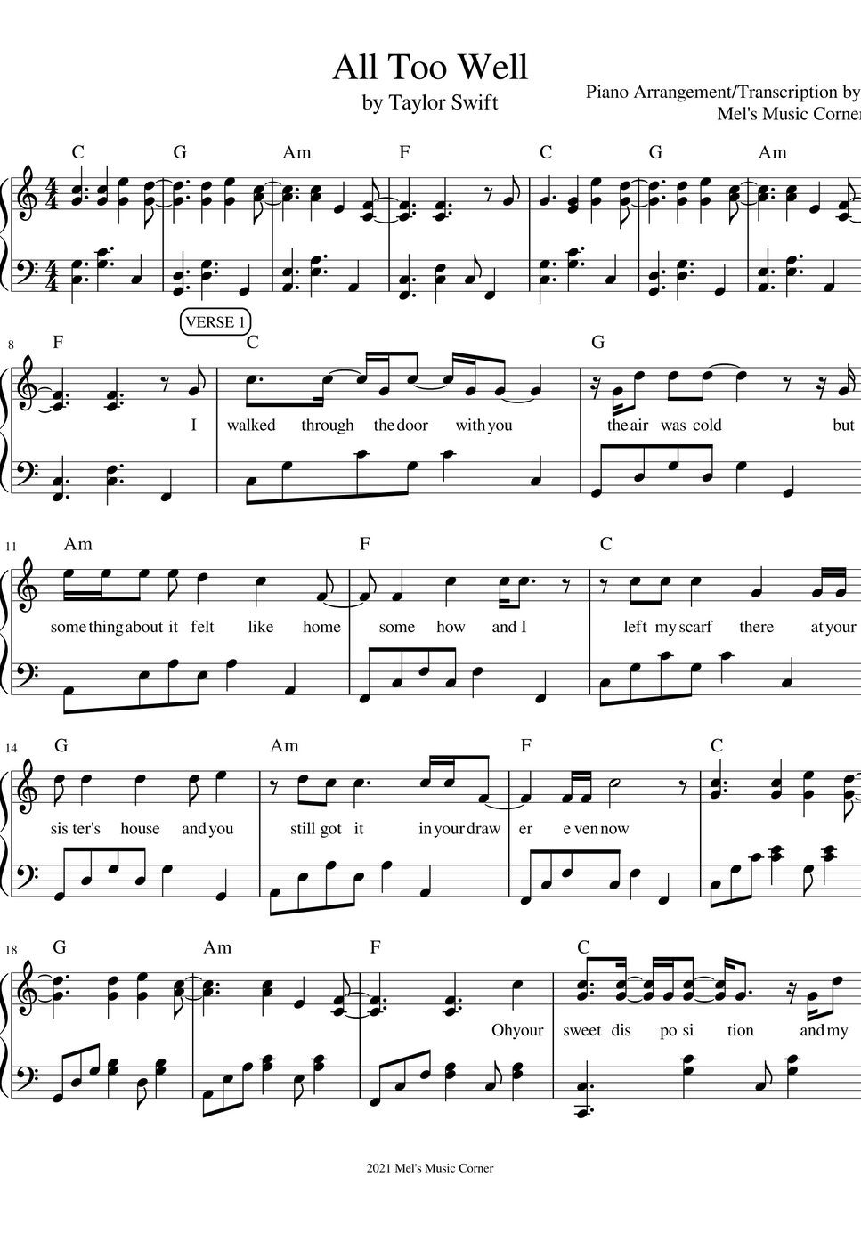 Taylor Swift All Too Well Piano Sheet Music By Mel S Music Corner 曲谱