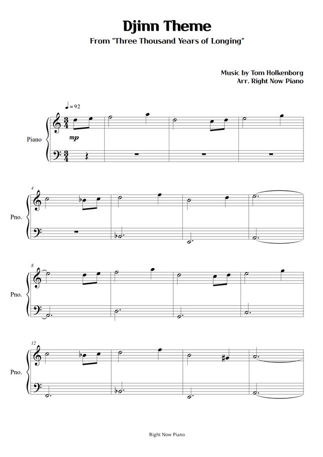 Three Thousand Years of Longing Djinn Theme by Right Now Piano Sheet