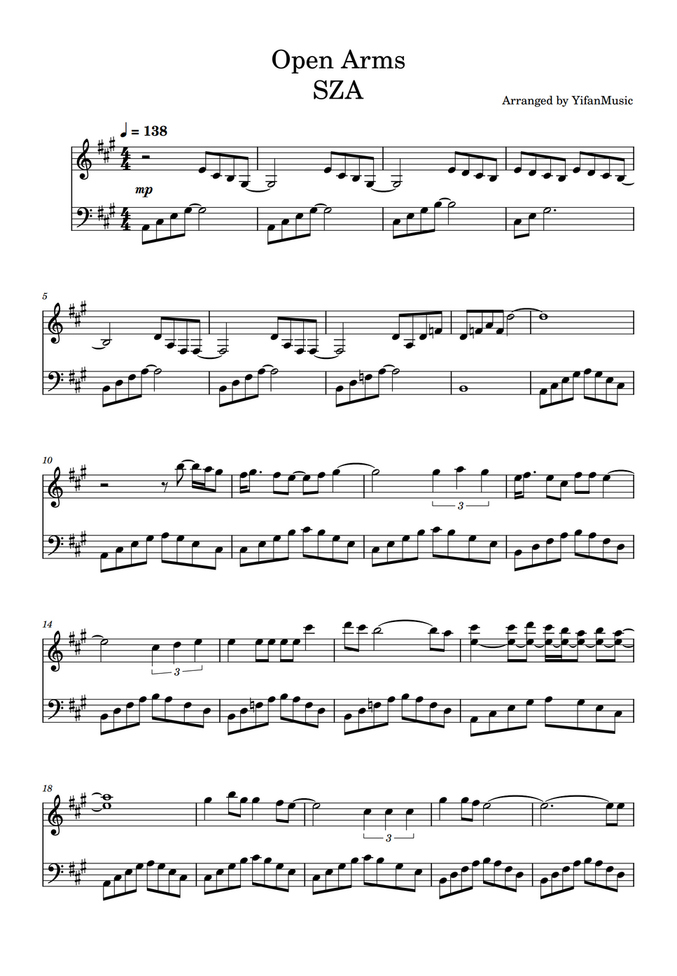 SZA ft. Travis Scott Open Arms Sheet by YifanMusic