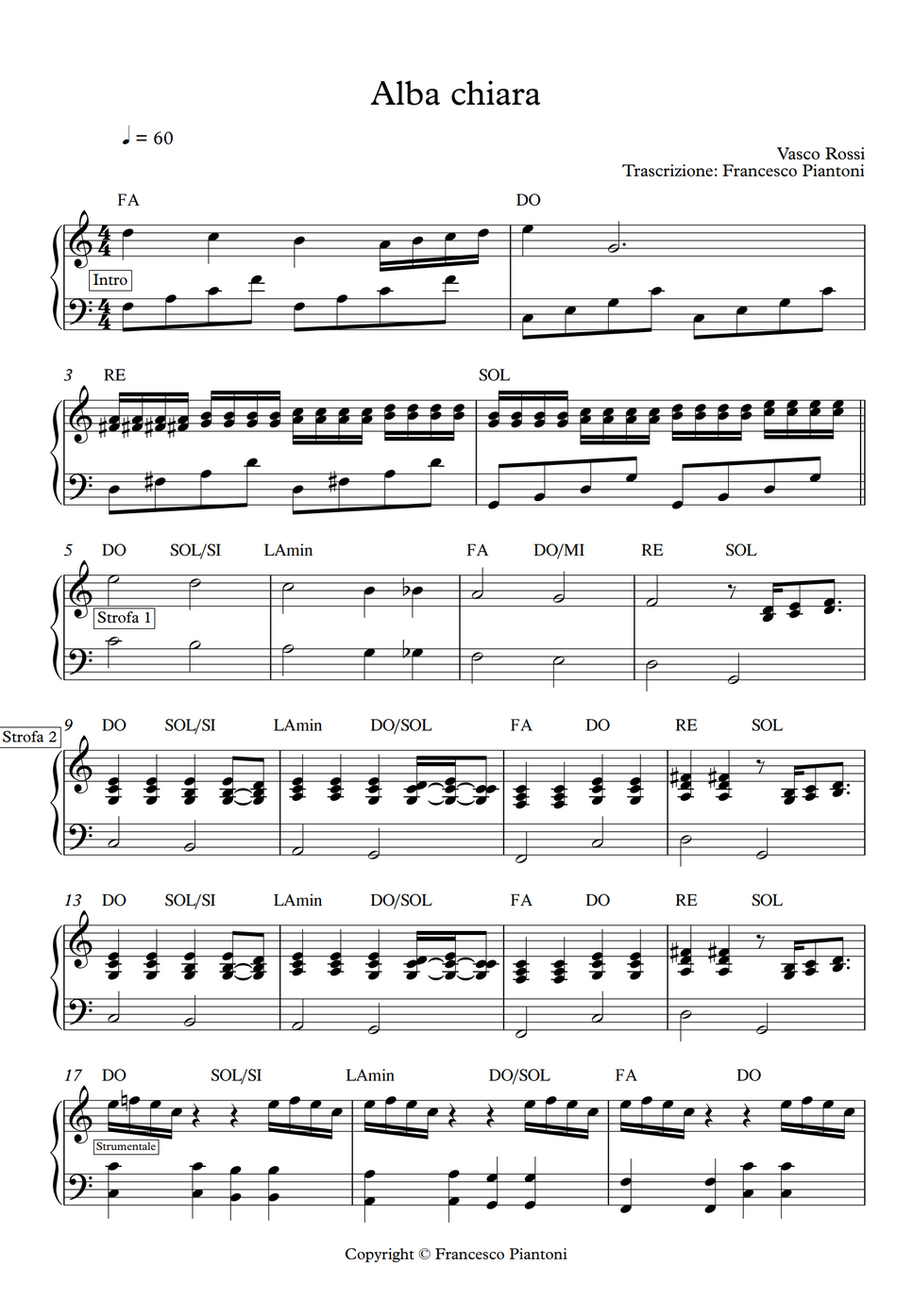 Vasco Rossi Albachiara (spartito pianoforte) 曲谱 by