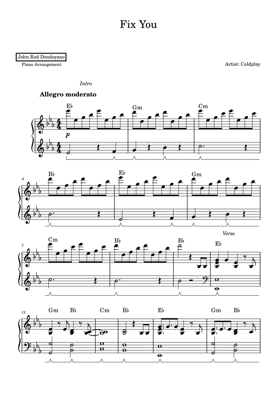 Coldplay Fix You (PIANO SHEET) by John Rod Dondoyano Lembar Musik