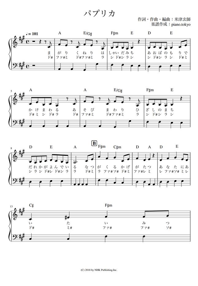 パプリカ かんたん 歌詞付き ドレミ付き 初心者 By Piano Tokyo楽譜