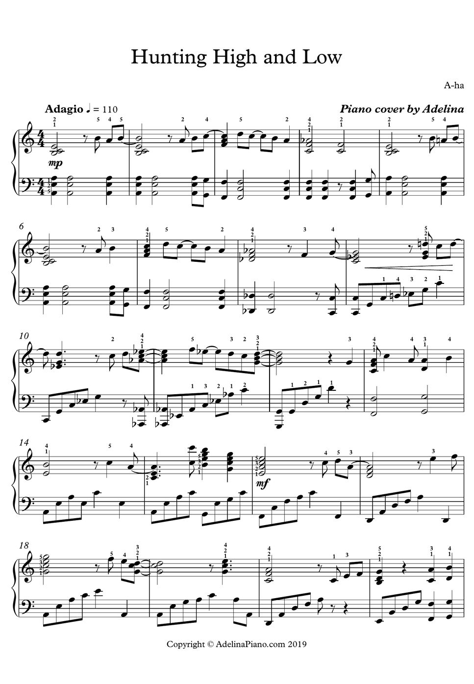 Aha Hunting High and Low Sheet by Adelina Piano