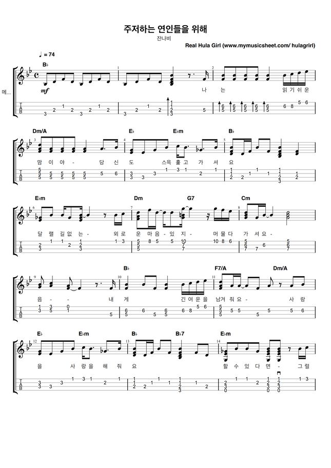 잔나비(Jannabi) 주저하는 연인들을 위해 (Ukulele TAB) by RealHulagirl Sheet Music