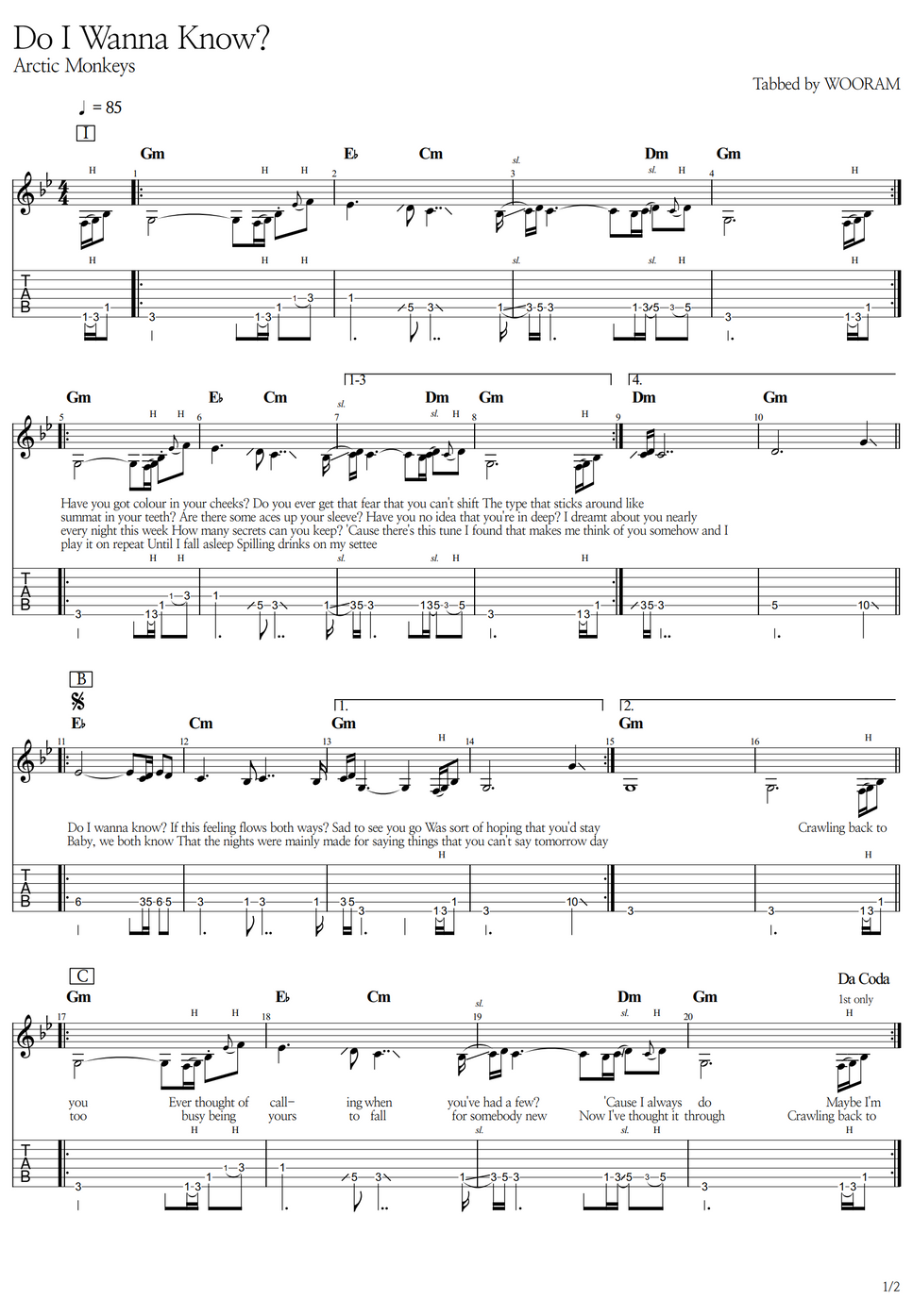 Arctic Monkey Do I Wanna Know TAB By WOORAM arctic-monkey-do-i-wanna-know-tab-by-wooram