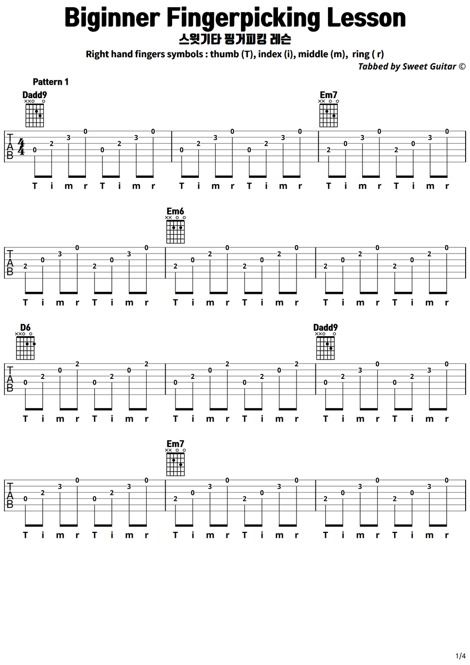 Beginner Fingerpicking Guitar Lesson TABS + Chordsㅣ 초보자를 위한 기본 아르페지오 핑거