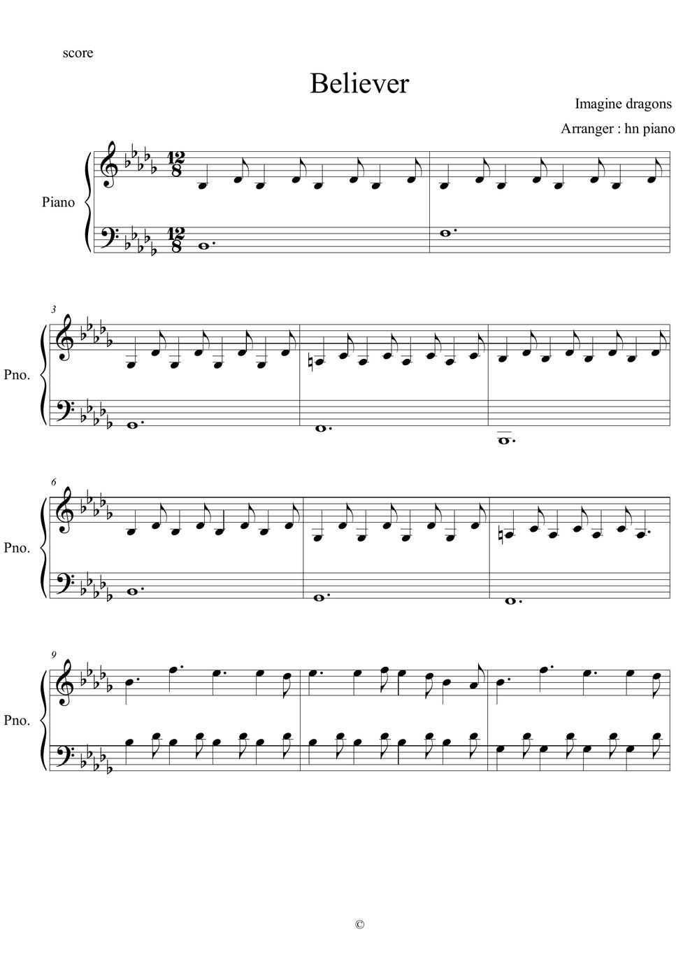 Imagine Dragons Believer Sheet By Hn Piano 