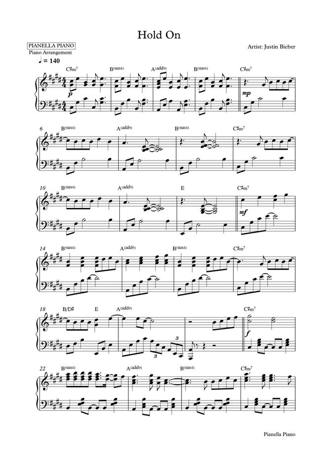 Justin Bieber Hold On (Piano Sheet) by Pianella Piano Sheet