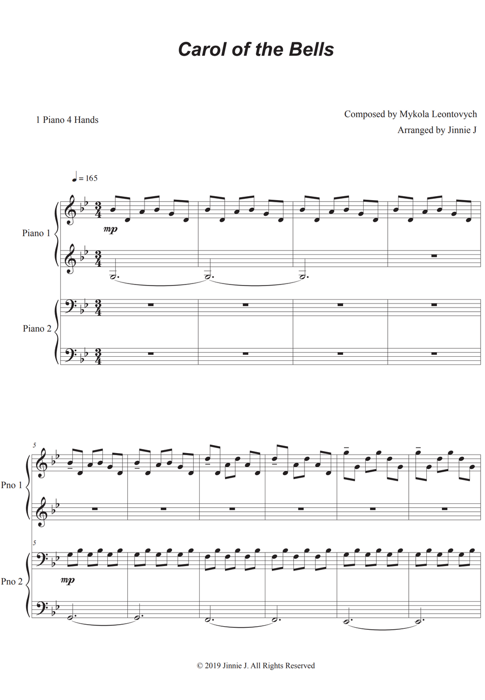 Mykola Leontovych Carol of the Bells (1 piano 4 hands) by Jinnie J Hoja