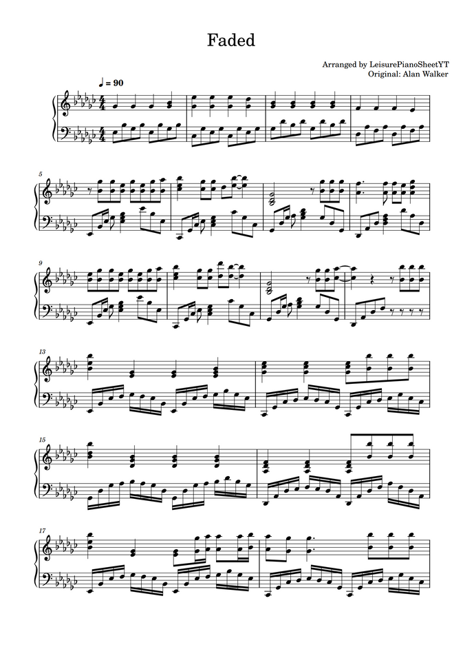 Alan Walker Faded By Leisure Piano Sheets Yt Sheet