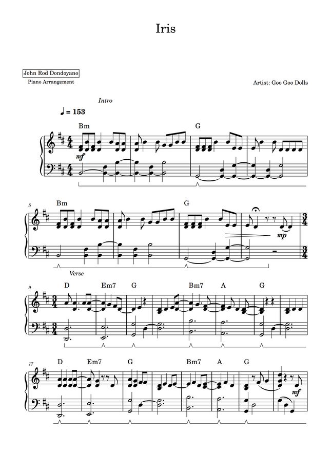 Goo Goo Dolls IRIS (PIANO SHEET) by John Rod Dondoyano Sheet Music
