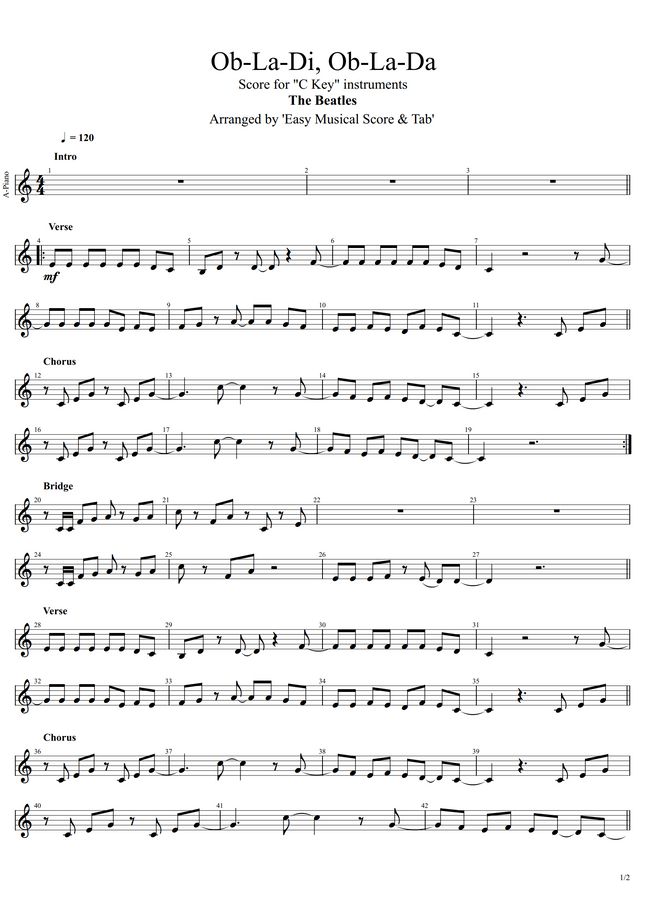 The Beatles - Ob-La-Di, Ob-La-Da by Score for "C Key" instruments Sheet ...