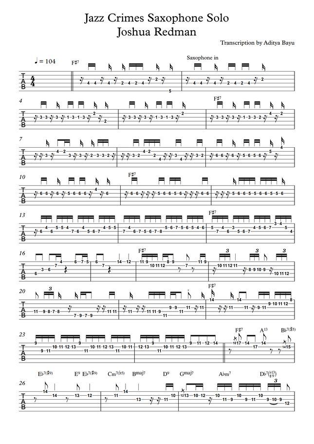 Joshua Redman Jazz Crimes Transcriptions (Guitar) (Song & Solo) by