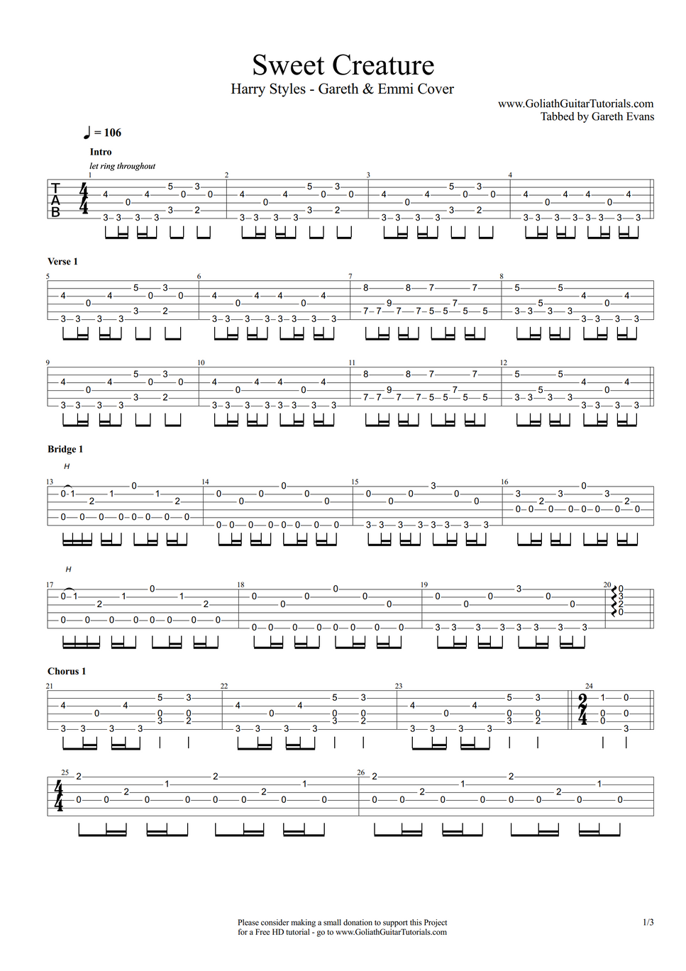 Harry Styles Sweet Creature By Goliath Guitar Tutorials Sheet