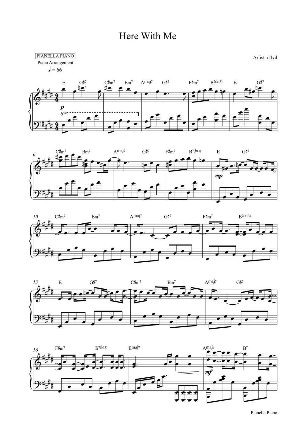 d4vd Here With Me (Piano Sheet) Partitura by Pianella Piano