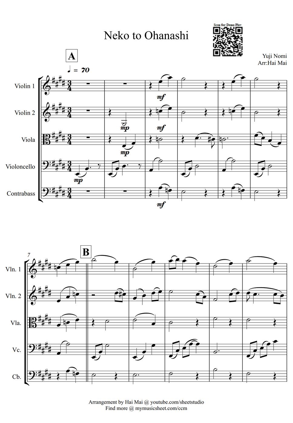 The cat returns neko to ohanashi for string quintet partition