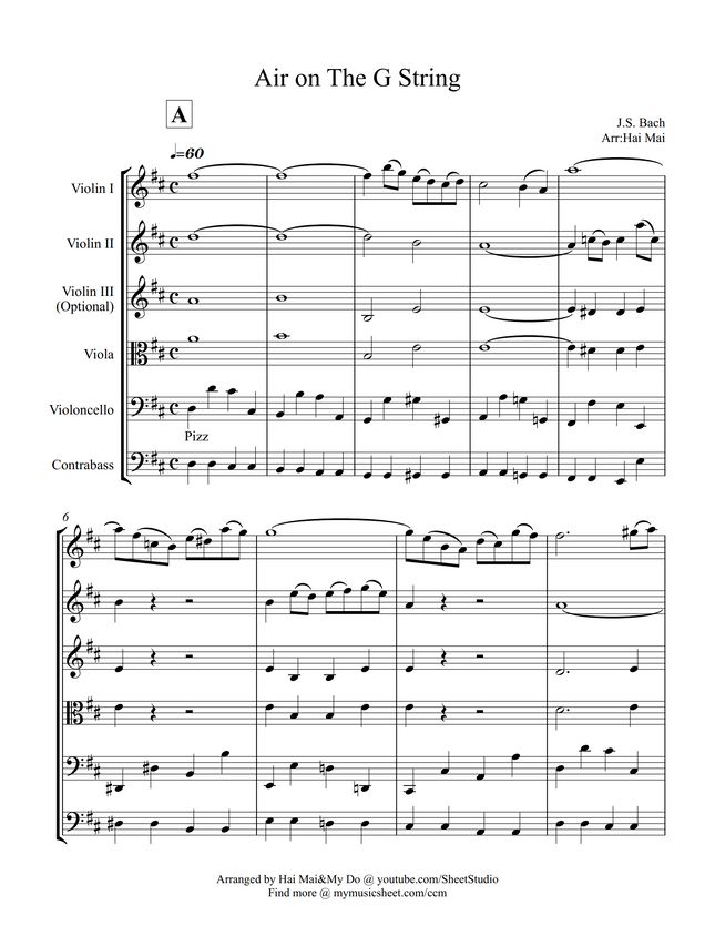 J.S Bach Air on The GString for String Ensemble by Hai Mai Sheet Music
