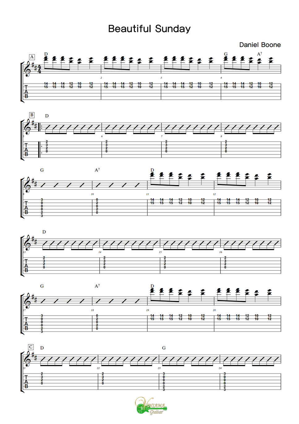 Daniel Boone - Beautiful Sunday by 빈사마기타나라 Tab + Partition à une seule ...