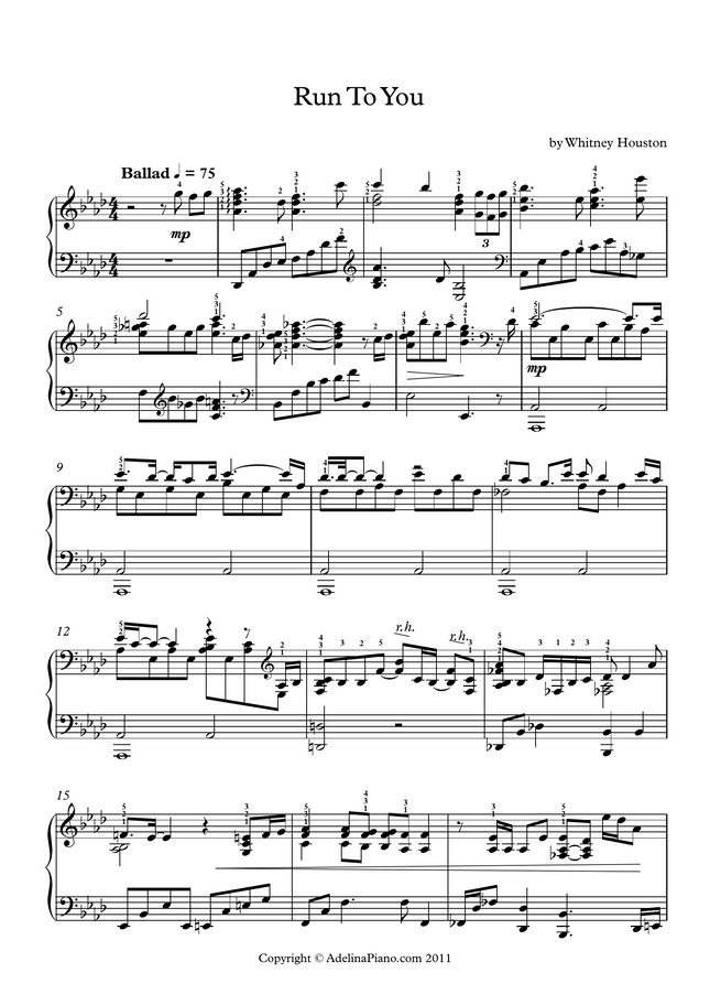 Whitney Houston Run To You by Adelina Piano Sheet Music