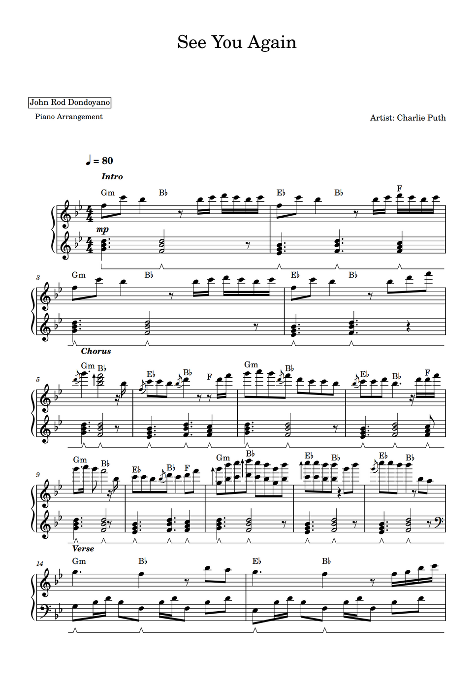 Charlie Puth, Wiz Khalifa See You Again (PIANO SHEET) Sheet by John