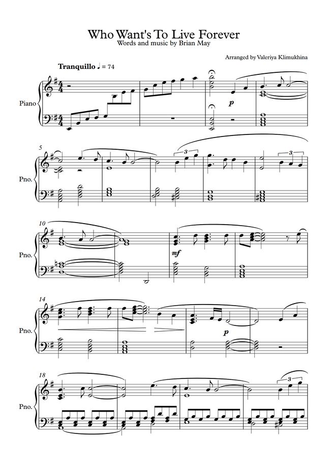 Queen Who Wants To Live Forever (for Piano solo) Sheet Music
