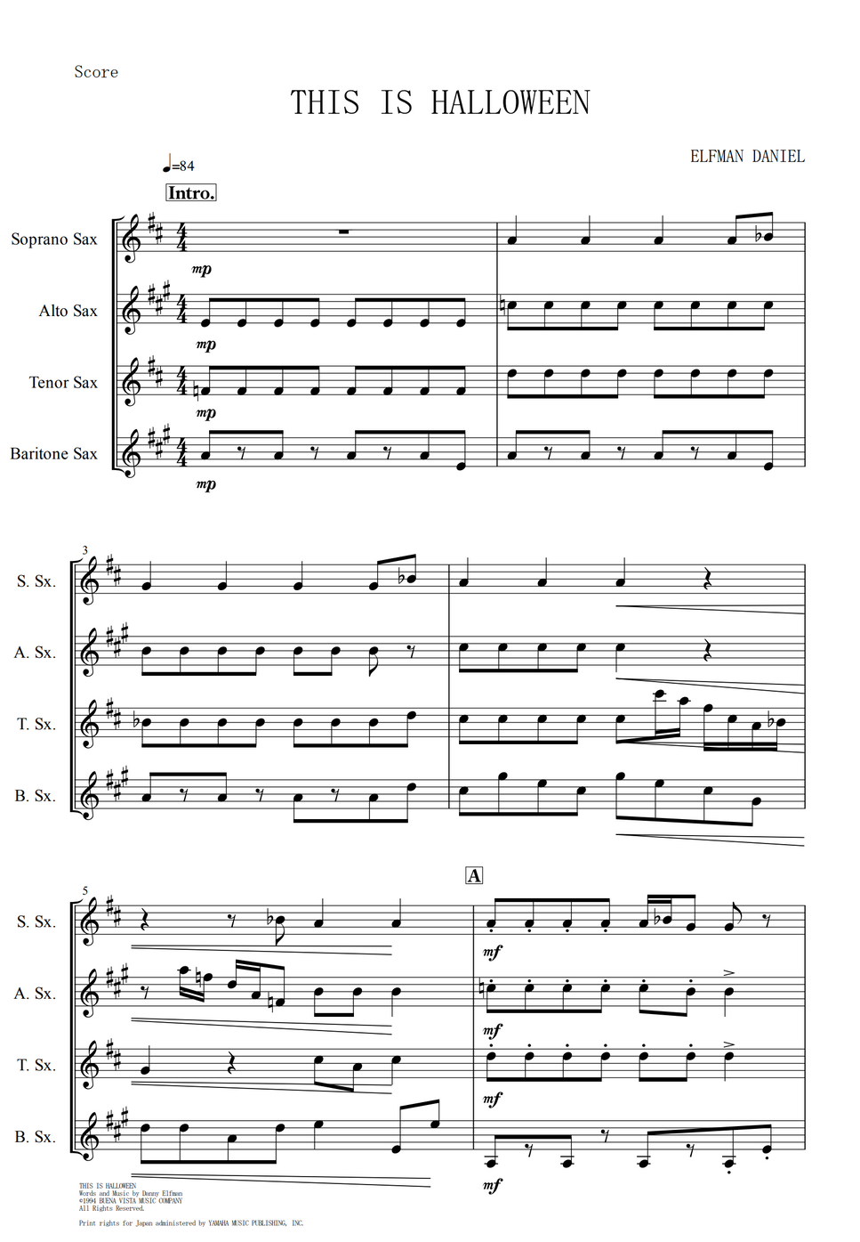 The Nightmare Before Christmas This is Halloween (Sax Quartet) نوتة