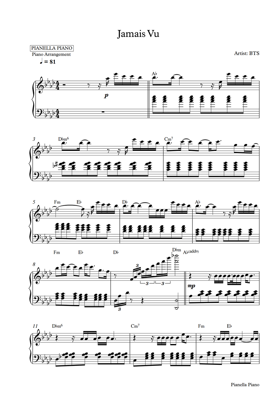 BTS Jamais Vu (Piano Sheet) by Pianella Piano Sheet
