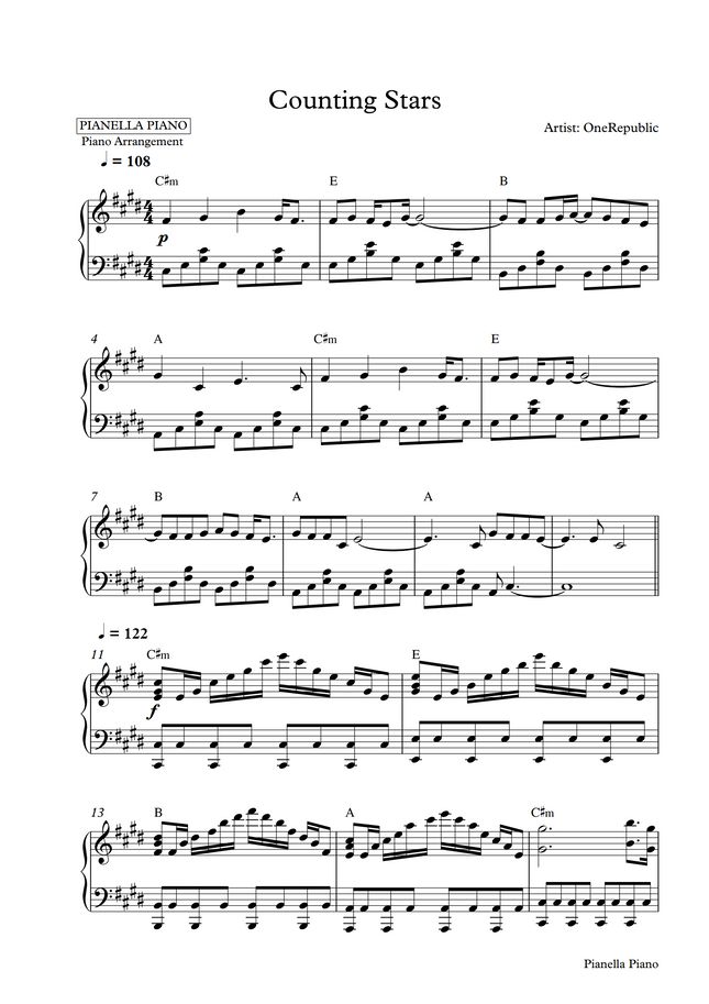 OneRepublic Counting Stars Piano Sheet By Pianella Piano Sheet Music OneRepublic Counting Stars Piano Sheet By Pianella Piano Sheet Music