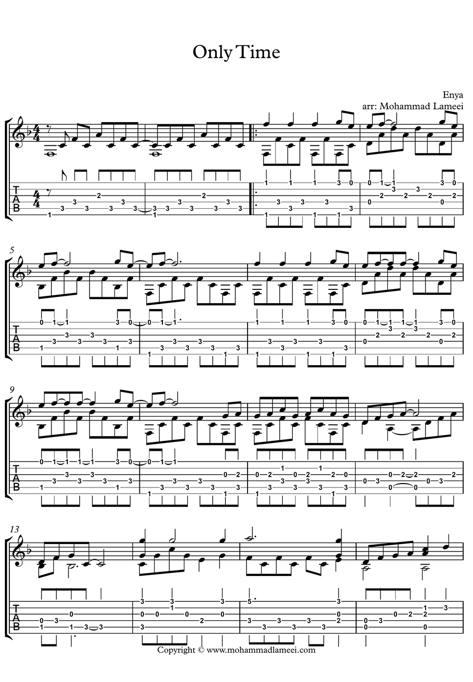 Enya Only Time by Mohammad Lameei Tab + 1staff Sheet