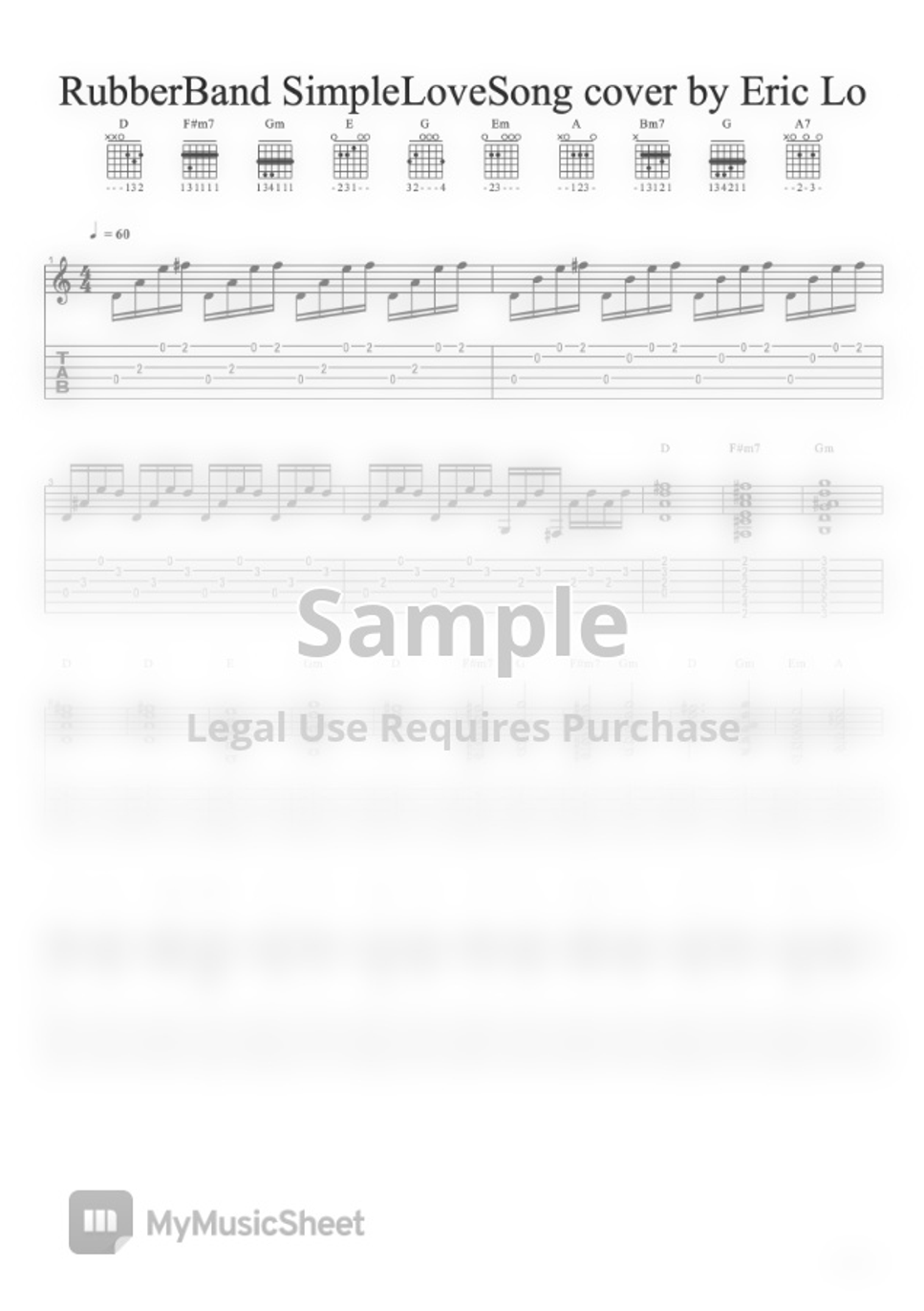 RubberBand Simple Love Song guitar cover by eric lo Tab + 1staff Hoja