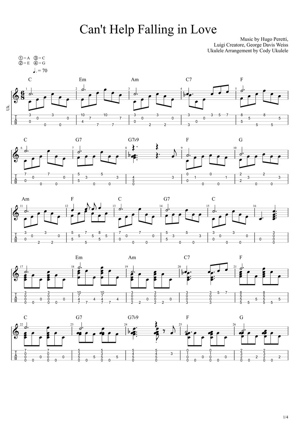 Can't Help Falling In Love Elvis Presley Chords Elvis Presley - Can't Help Falling In Love Tab + pontuação de linha