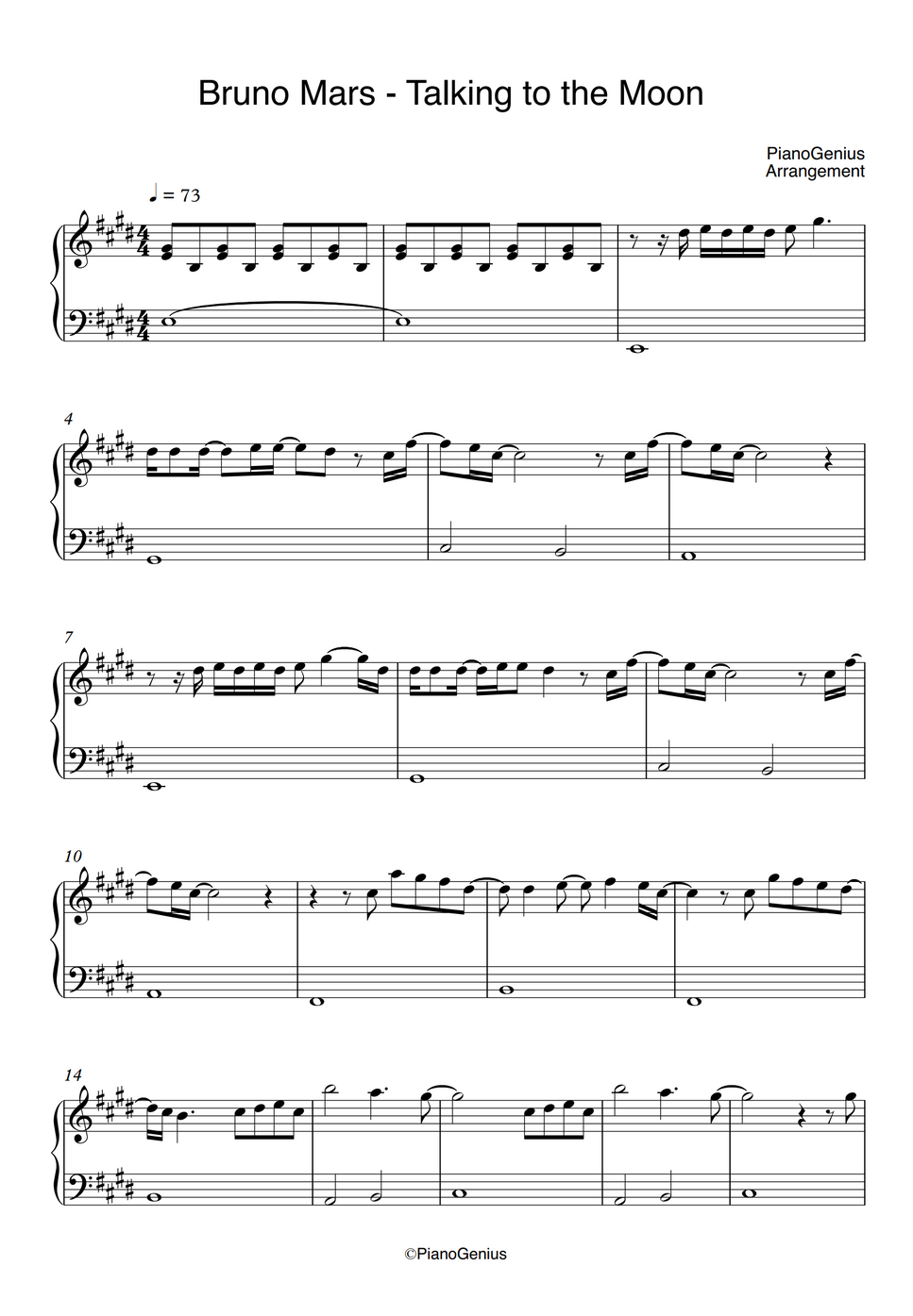 Bruno Mars - Talking To The Moon (EASY) by PianoGenius Sheet