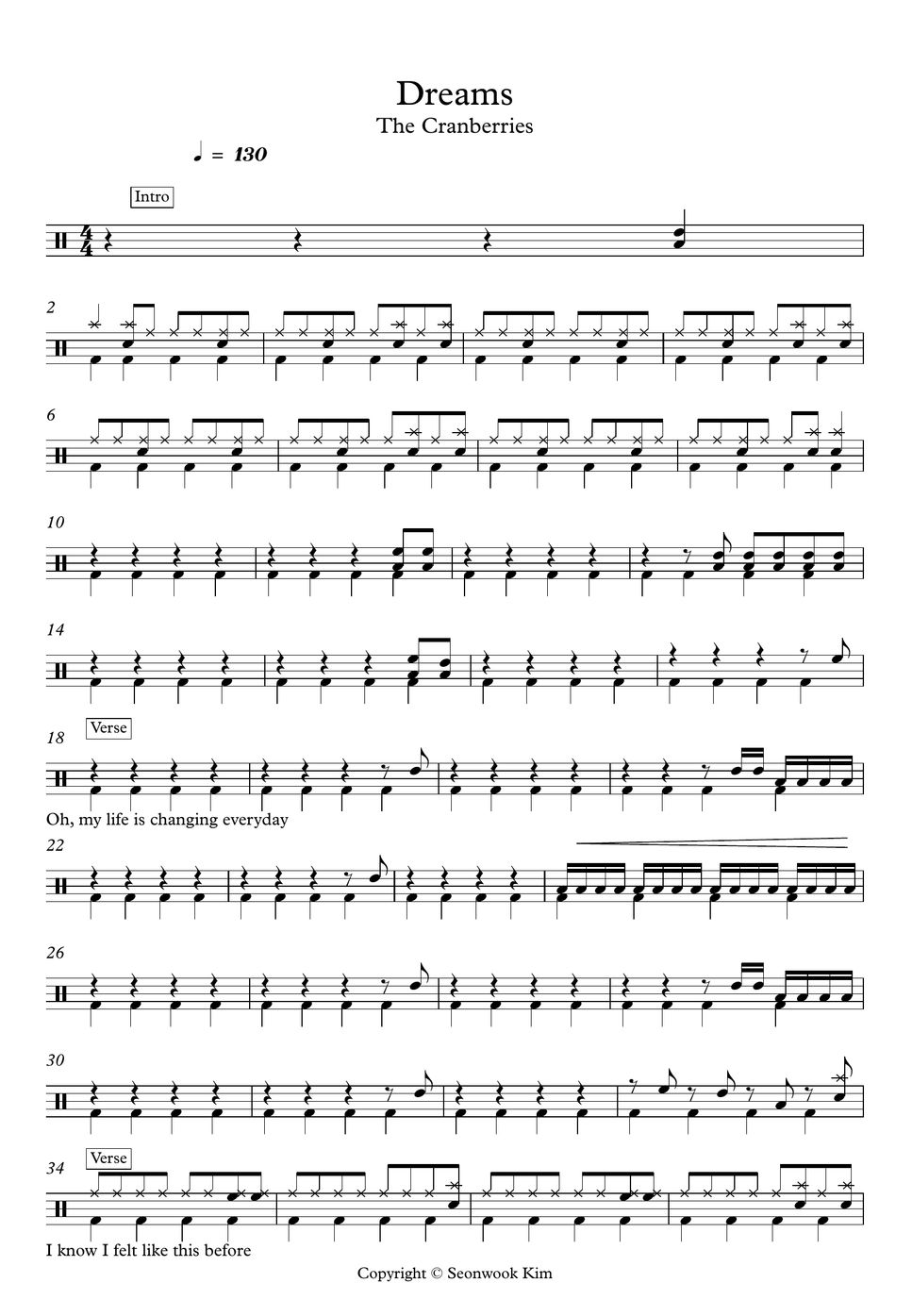 The Cranberries Dreams (드럼악보) 樂譜 by Seonwook Kim