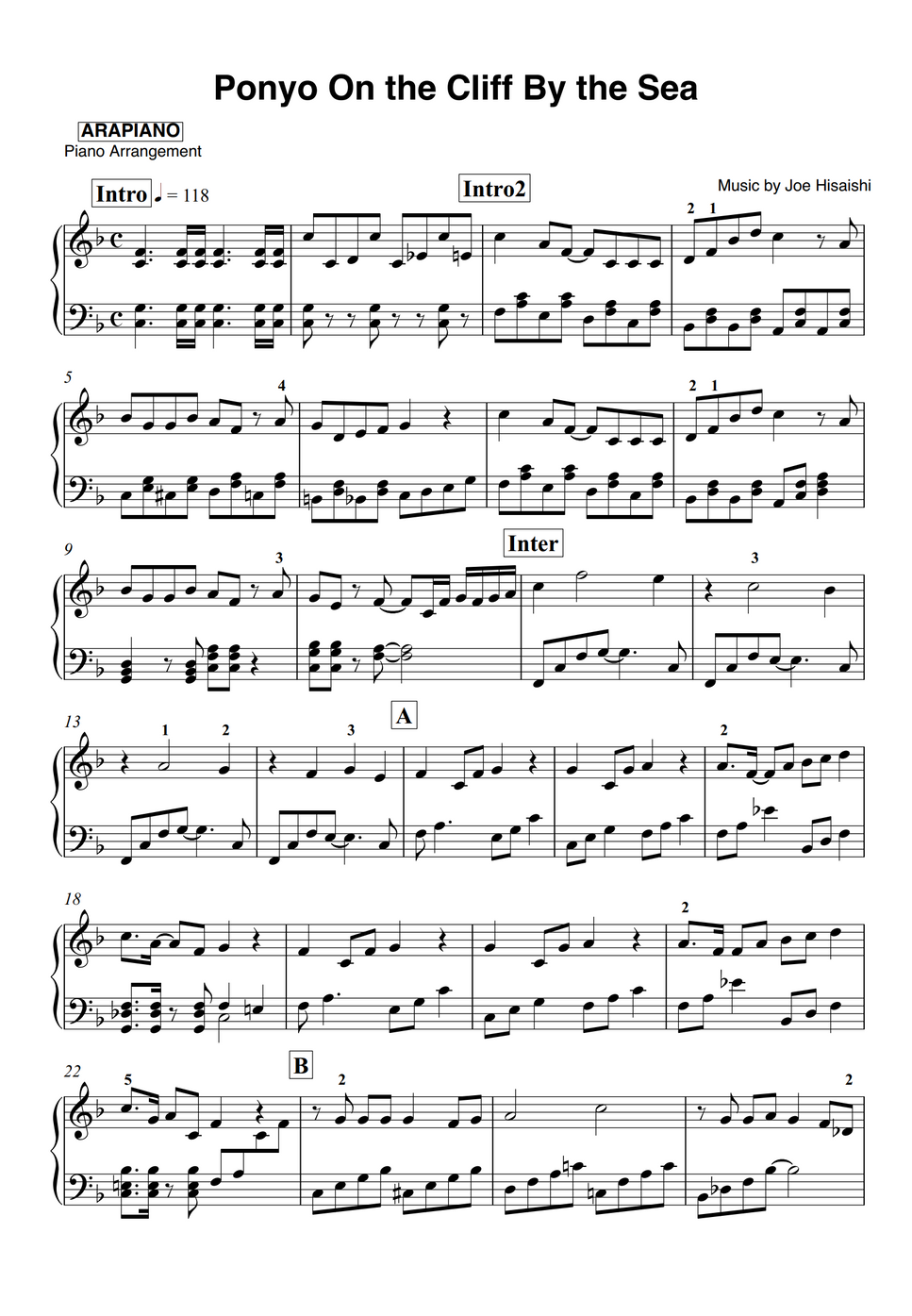 Ponyo On The Cliff By The Sea Lyrics Joe Hisaishi - Ponyo On the Cliff By the Sea by ARAPIANO Sheet