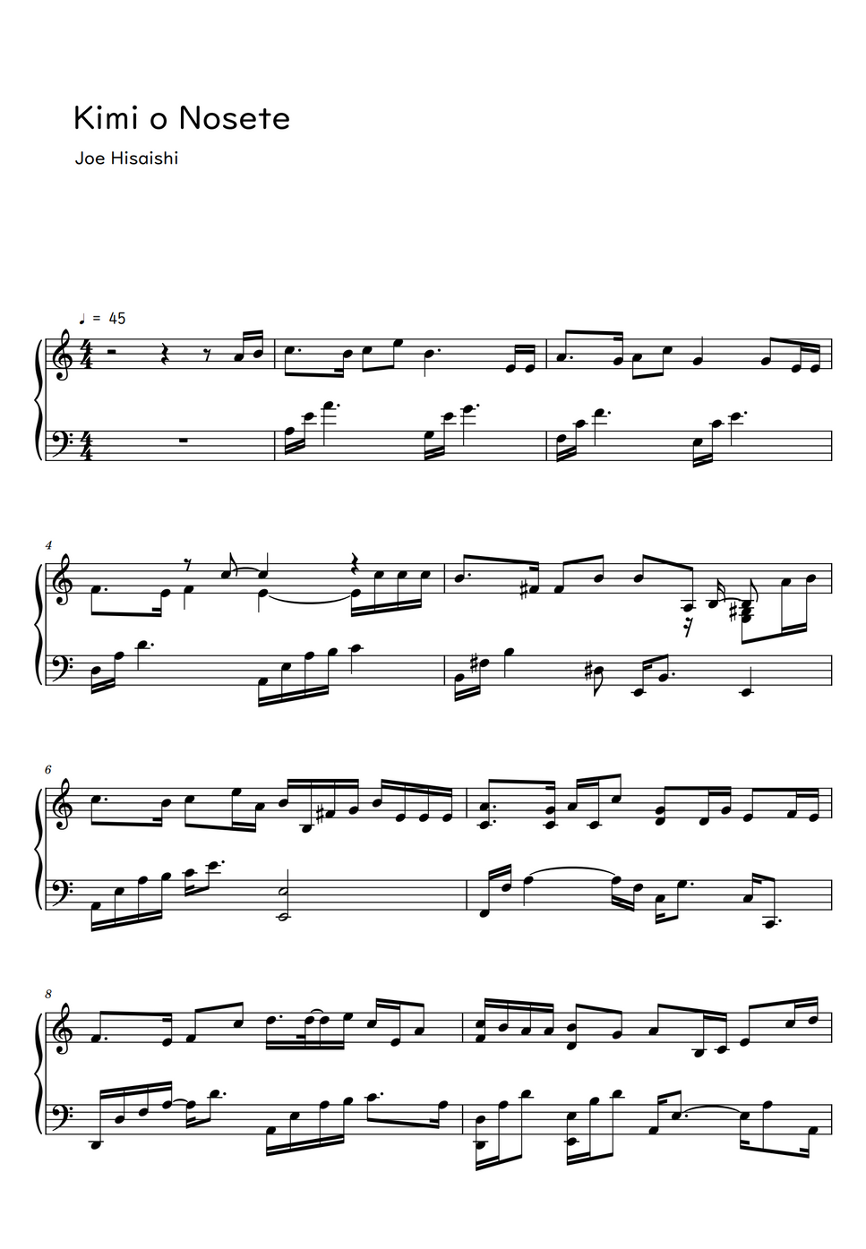 久石譲 (Joe Hisaishi) Kimi o Nosete (Castle in the Sky) (Sheet Music, MIDI,) by Roxette Partitura