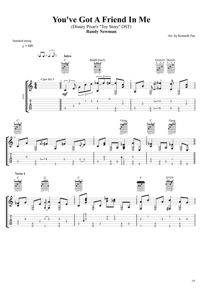 Disney Pixar S Toy Story Ost You Ve Got A Friend In Me Fingerstyle Guitar Sheet