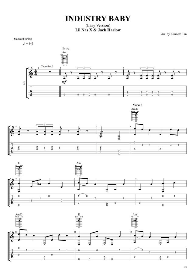 Lil Nas X, Jack Harlow Fingerstyle Guitar INDUSTRY BABY (Easy