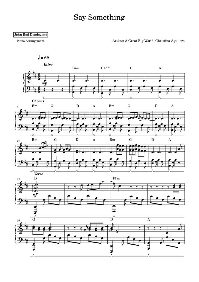 A Great Big World, Christina Aguilera Say Something (PIANO SHEET) by