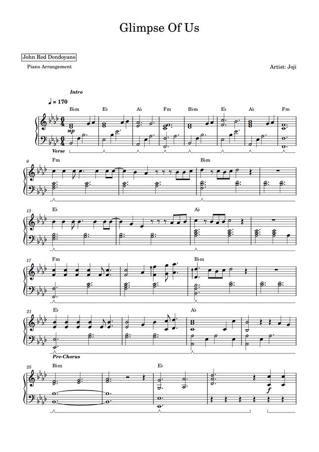 Joji Glimpse Of Us (PIANO SHEET) by John Rod Dondoyano Sheet Music