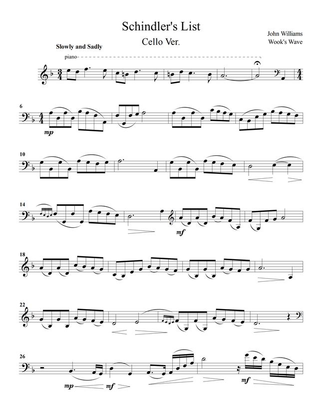 John Williams Schindler's List Main Theme (Cello Sheet & Inst.Track