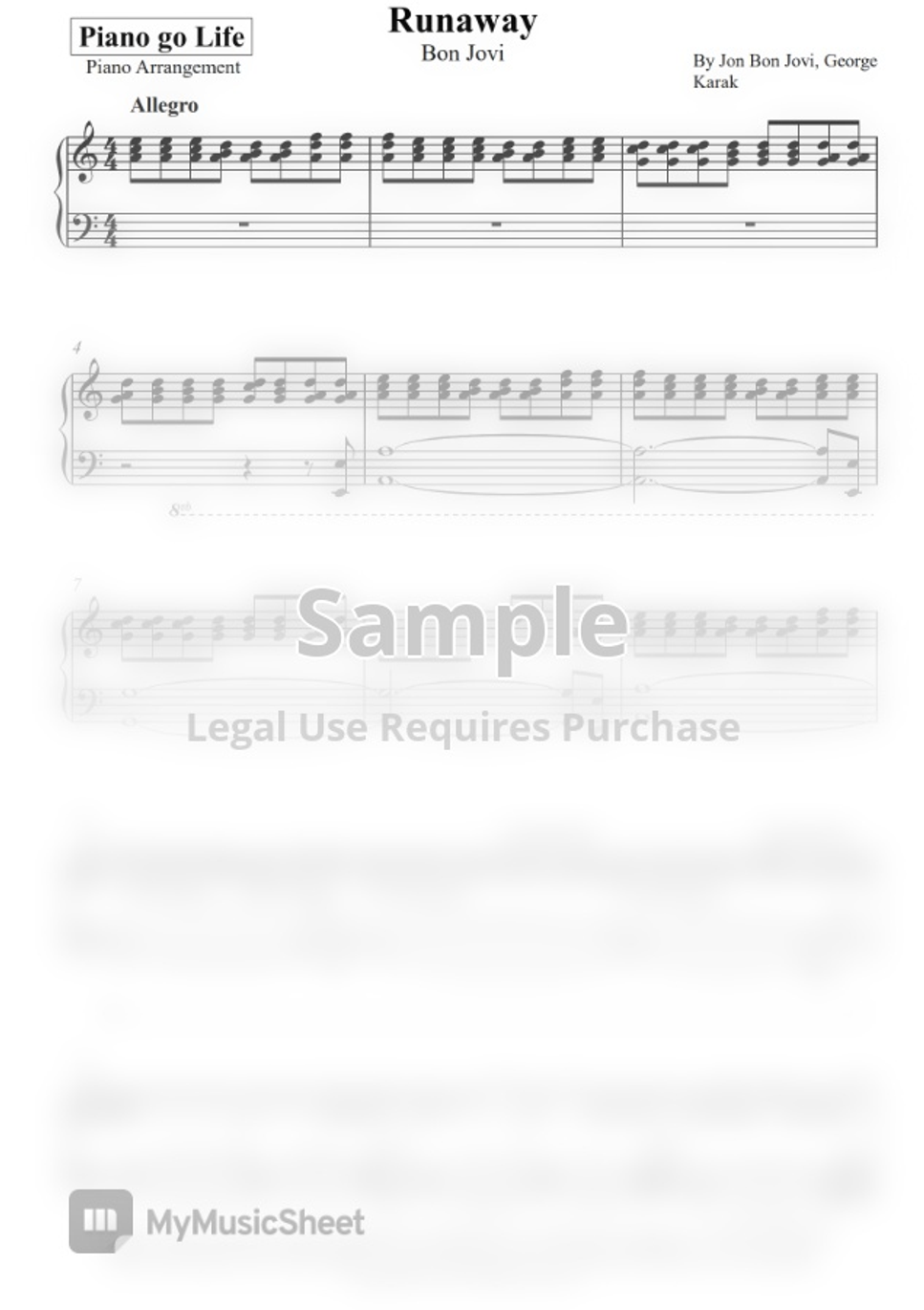 Bon Jovi Runaway by Piano Go Life แผ่น